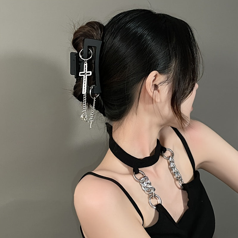 Gothic Punk Hair Claw Clip - Black PU Leather Cross Chain Pendant for Women & Girls