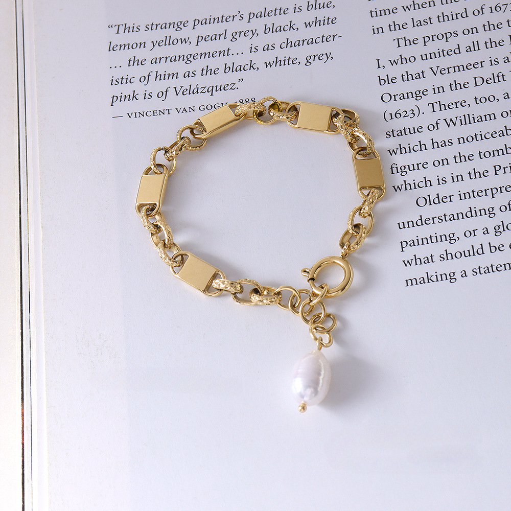 French vintage tassel fresh water pearl 18k titanium steel gold plated bracelet