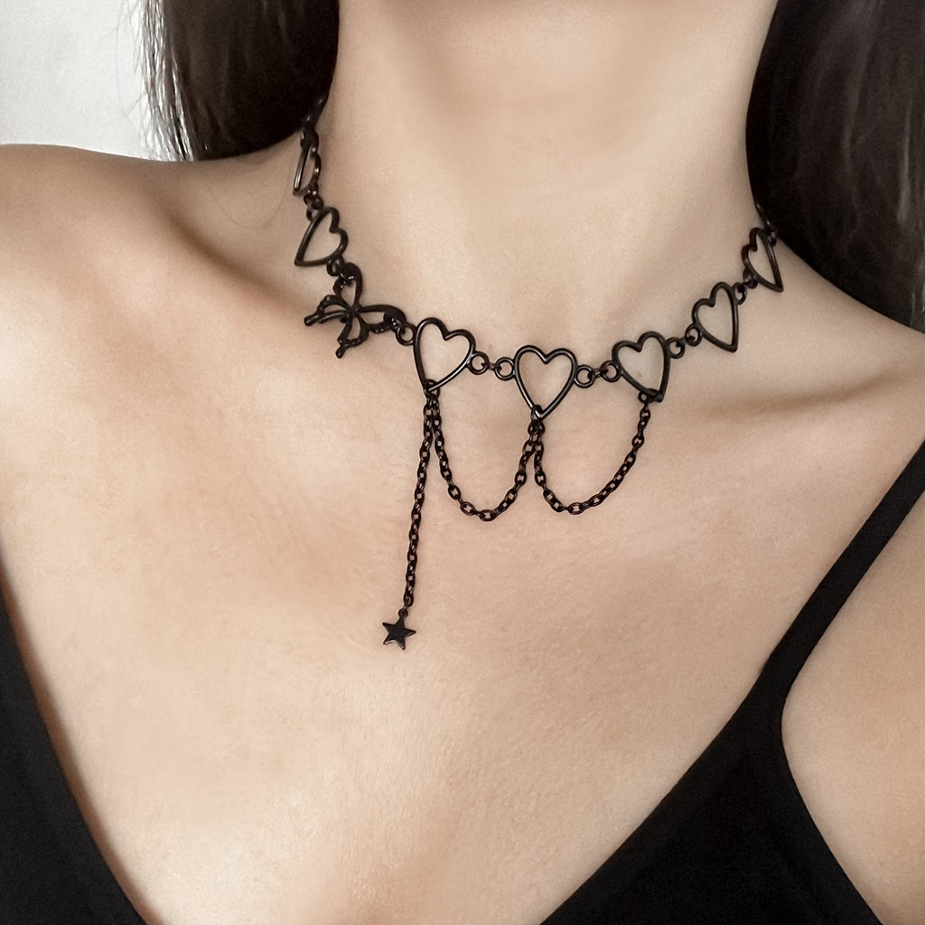 Punk Style Hollow Heart Choker Necklace With Star Shape Pendant Hollow Chain Tassel Adjustable Neck Jewelry Decoration For Women & Girls Party Clothings Accessories