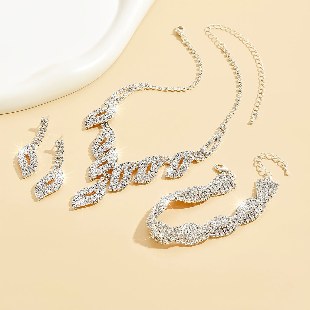 4pcs Necklace Earrings Plus Bracelet Elegant Jewelry Set Silver Plated Inlaid Rhinestone Dainty Evening Party Decor Perfect Chrismas Gift For Your Love
