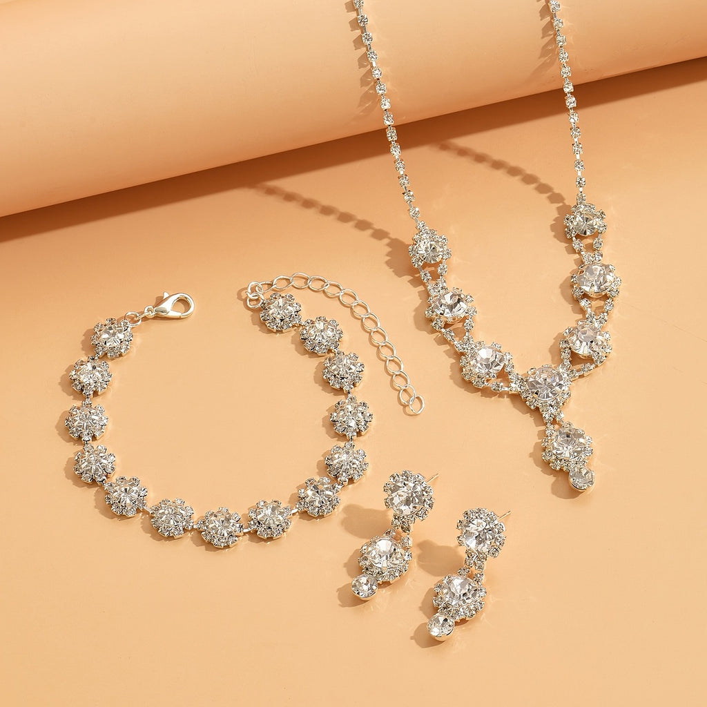4pcs Necklace Bracelet Plus Earrings Elegant Jewelry Set Silver Plated Inlaid Rhinestone Engagement Wedding Jewelry Evening Party Decor