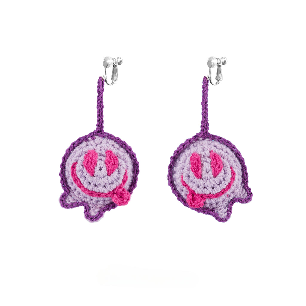 LB Hand Crochet "Funny Smiling Face" Earrings Long Ear Clip LOJL100