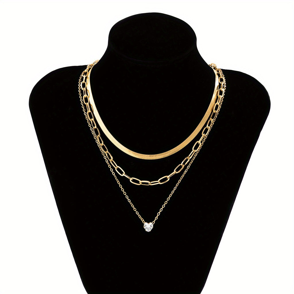 3pcs/Set Vintage Inlaid Zircon Love Triangle Pendant Flat Snake Copper Chain Multi-piece Necklace