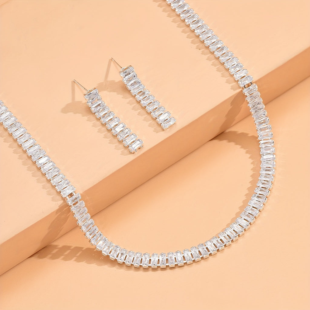 3pcs Earrings Plus Necklace Trendy Jewelry Set Inlaid Rectangular Zircon Silver Plated Dainty Party Accessory Classic Design Match Daily Outfits