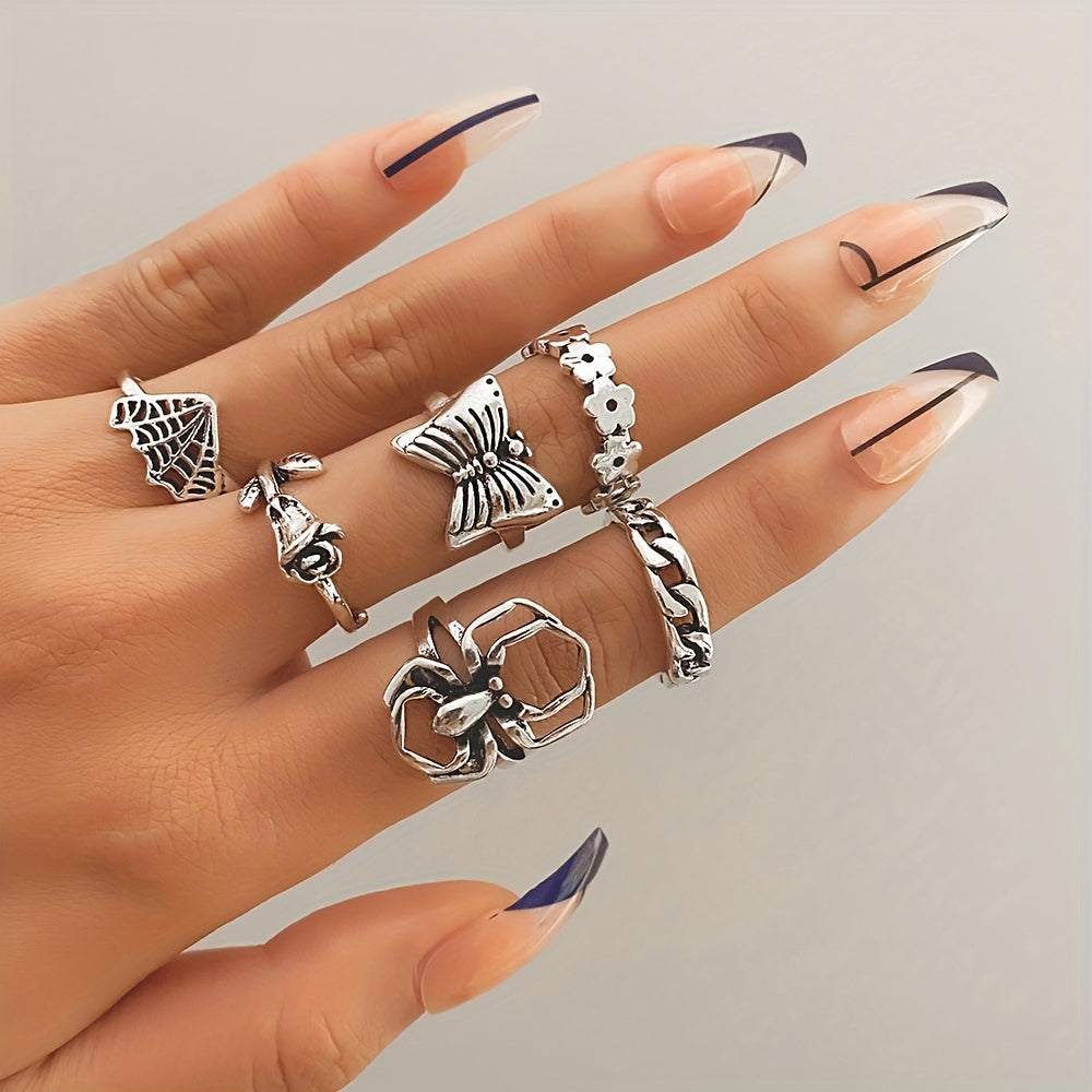 6pcs Grunge Style Stacking Rings Trendy Spider Butterfly Chain Flower Design Mix And Match For Daily Outfits Party Accessories For Cool Friends