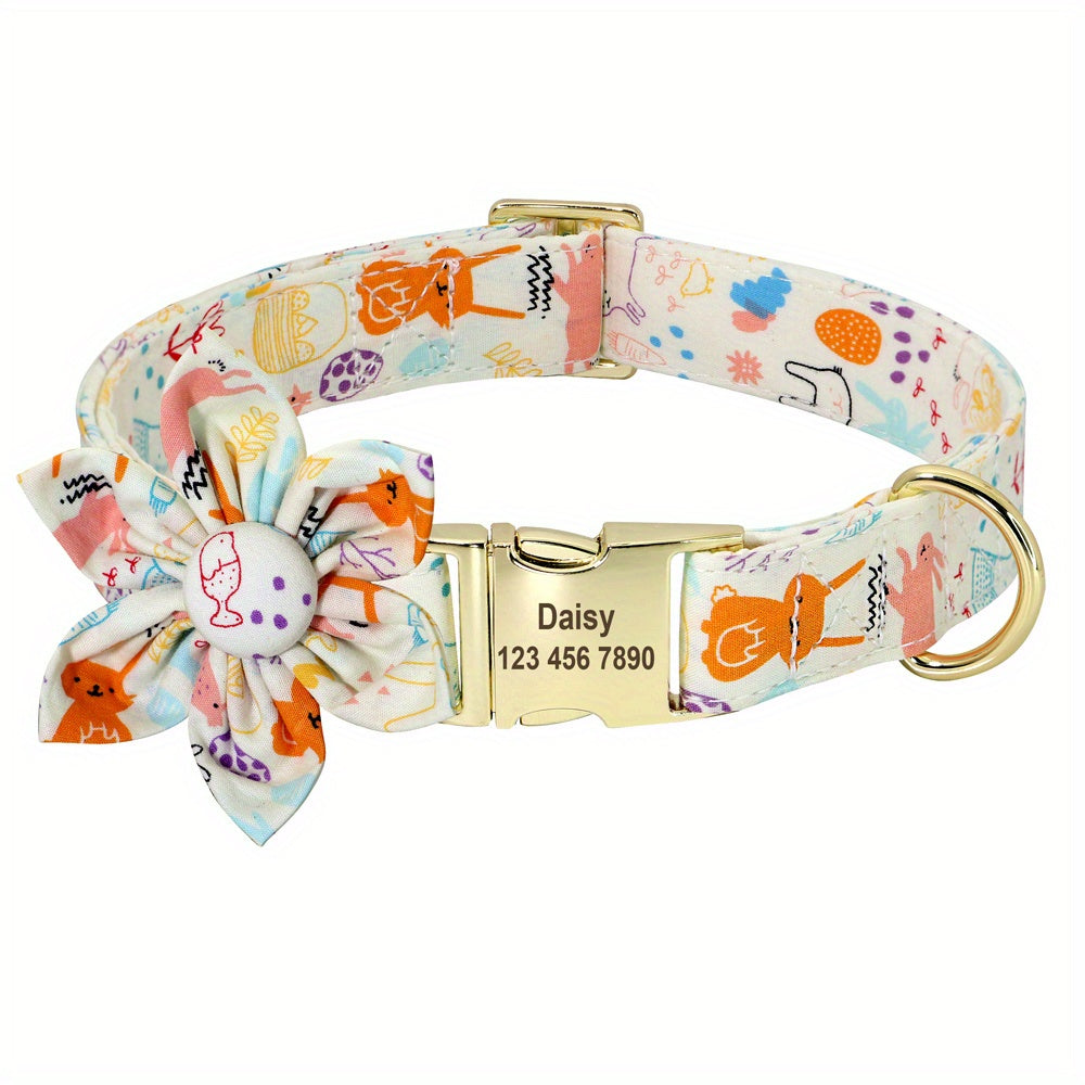 Floral Personalized Dog Collar Fashion Printed Custom Nylon Dog Collars With Free Engraved Nameplate Soft Flower Collars For Small Medium Large Dogs