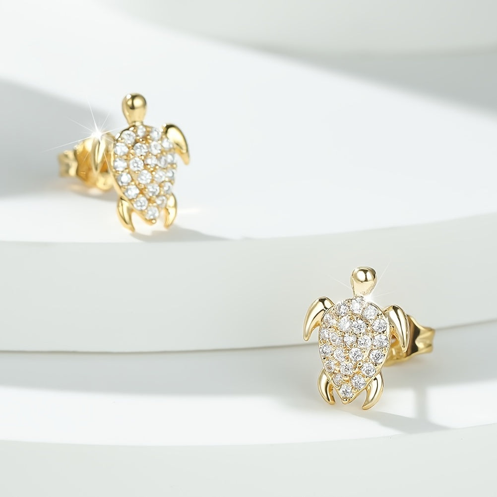 Gorgeous Sea Turtle Earrings - White Crystal Studs with Vintage Gold Plating - Perfect for Weddings or Everyday Wear!