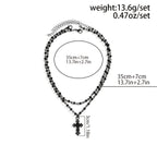 2-Piece Punk Style Beaded Chain Necklace with Cross Pendant - Adjustable Clavicle Chain Set