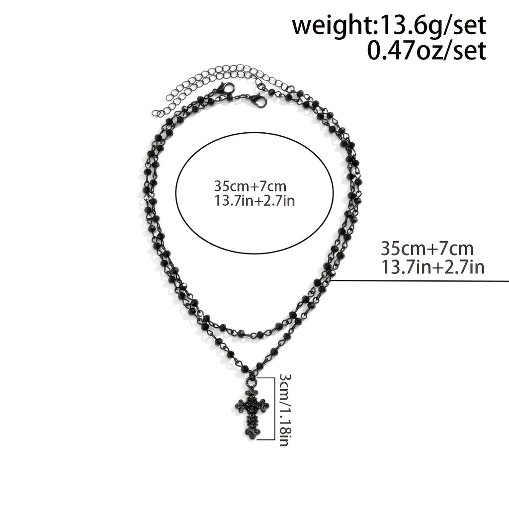 2-Piece Punk Style Beaded Chain Necklace with Cross Pendant - Adjustable Clavicle Chain Set