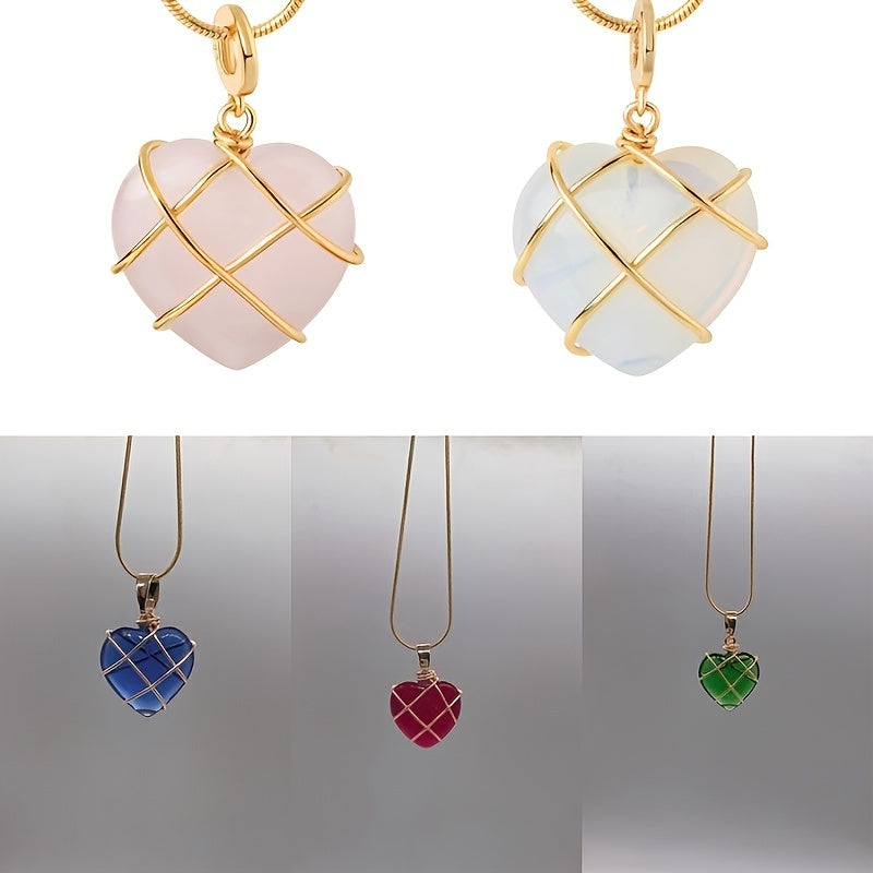 1pc Fashion Metal Wrapped Love Heart Crystal Stone Pendant Couple Necklace