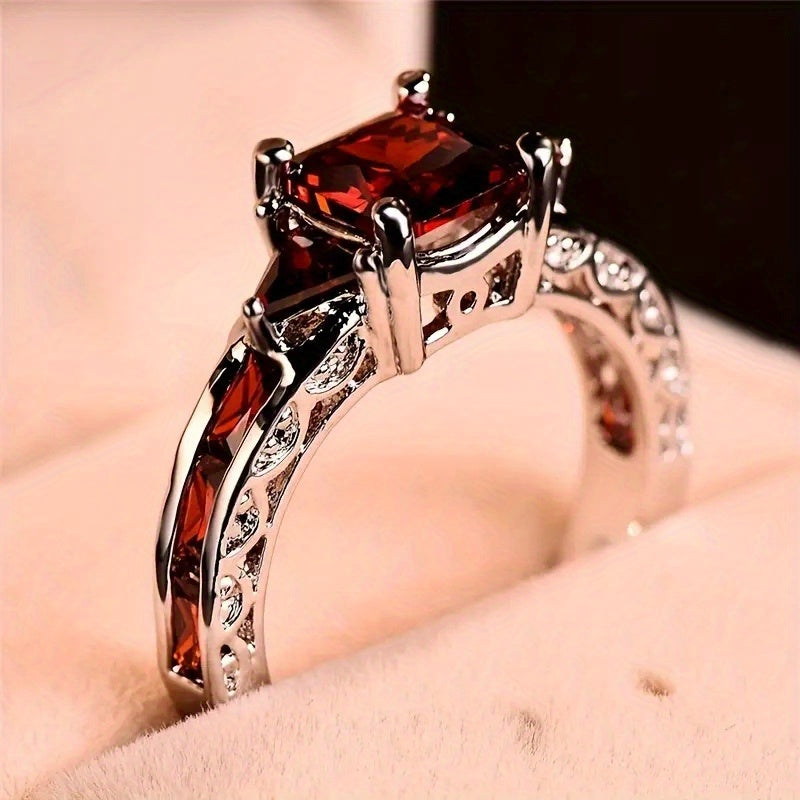 Make Your Engagement and Wedding More Elegant with 1pc Classic Fashion Men's Black Zircon Engagement Ring and Gorgeous Bridal Princess Square Cut Red Garnet Wedding Band. Perfect Party Jewelry Gift for Women in Sizes 5-11.