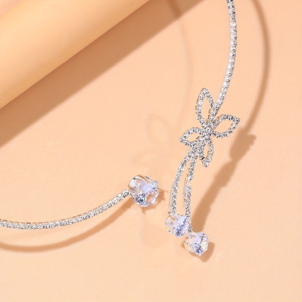 Delicate Glitter Adjustable Silver Artificial Diamonds Crystal Round Choker Butterfly Shaped Chain Necklace