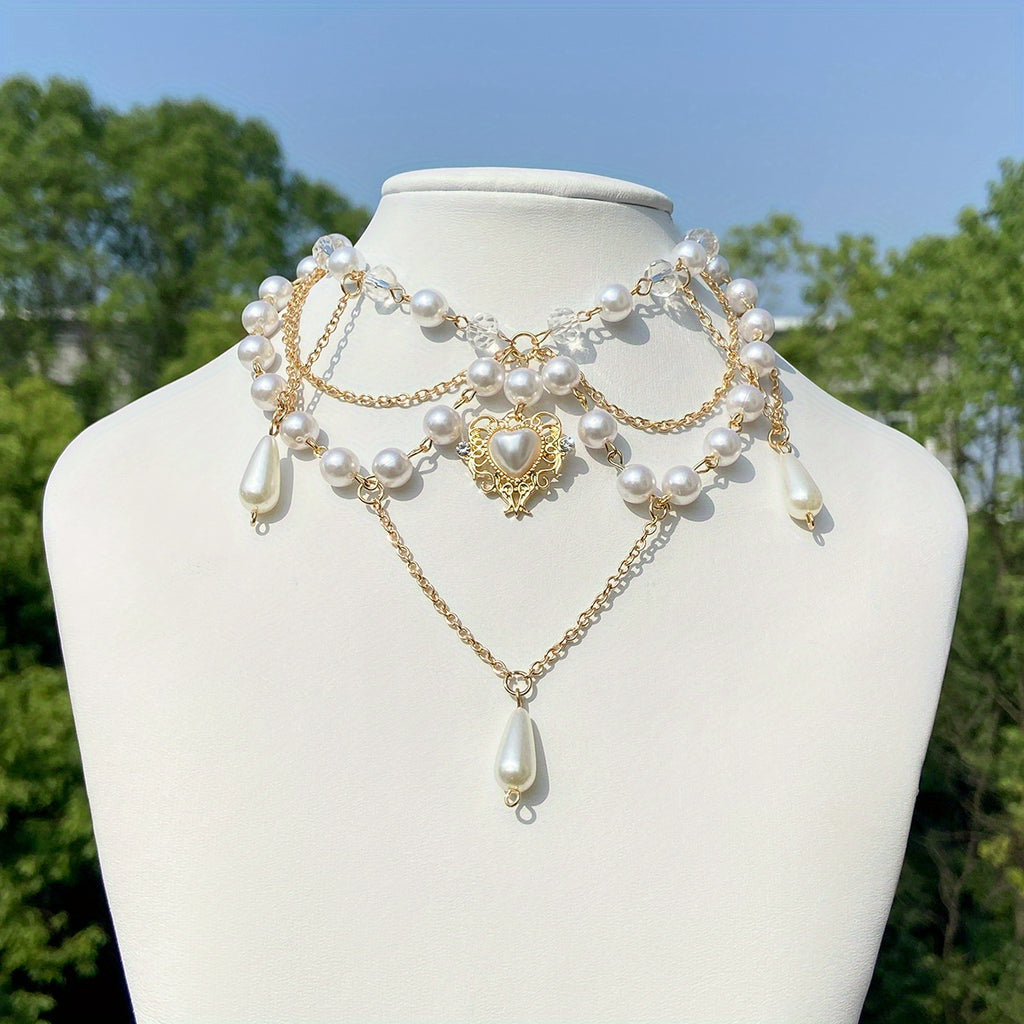 Baroque Vintage Multilayer Tassel Crystal Hollow Love Heart Pendant With Teardrop Shape Faux Pearl Necklace, Women's Holiday Accessories