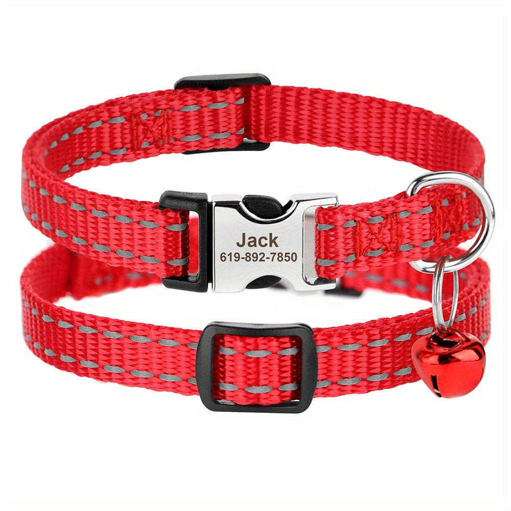 Customized Cat Collars, Adjustable Reflective Colorful Nylon Webbing Cat Collars With Bells, Custom Engraved Buckle Cat Collar With Bell