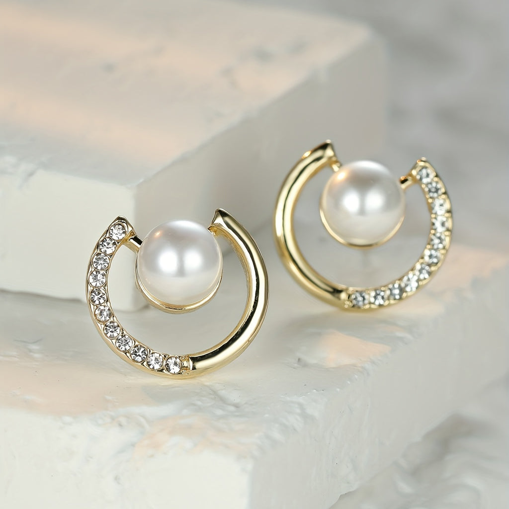 Faux Pearl Shiny Zircon Decor Golden Stud Earrings Retro Elegant Style Copper 18K Gold Plated Jewelry Daily Casual