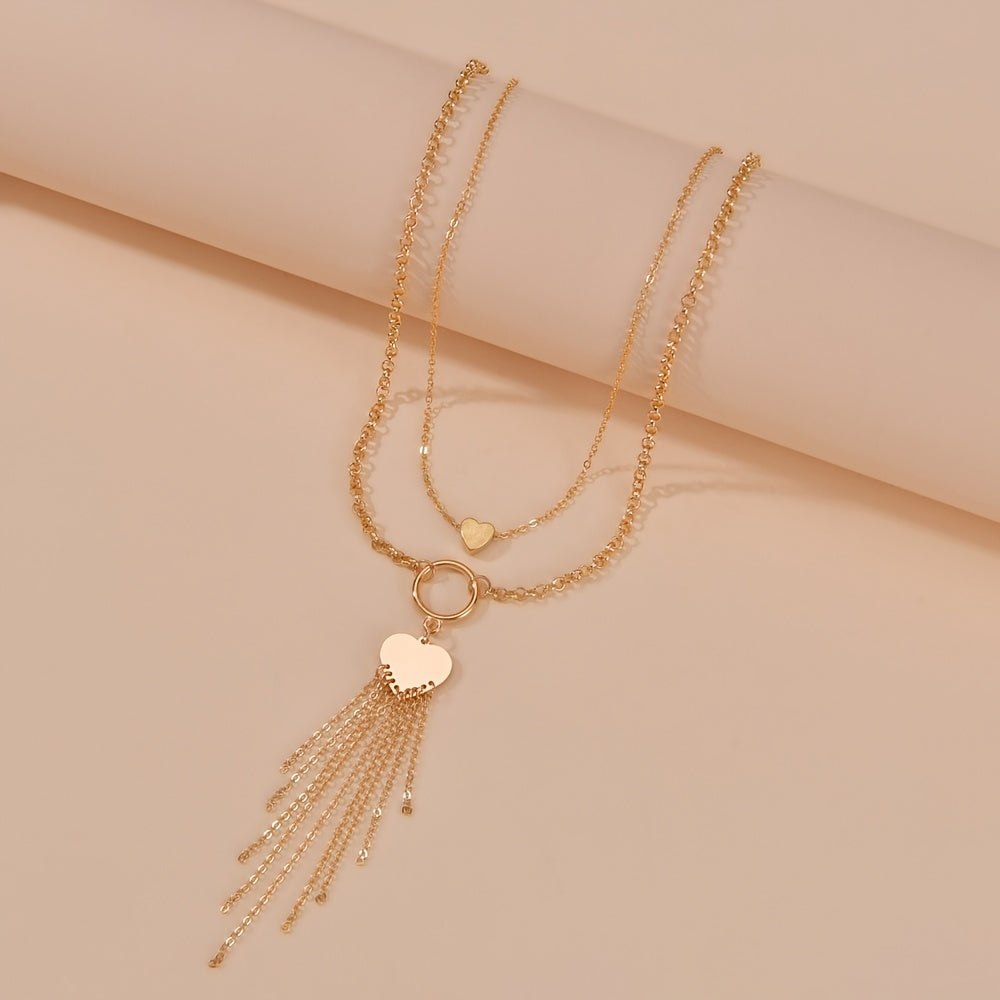 Heart Tassel Pendant Multilayer Stacking Ladies Necklace Adjustable For Women And Girls