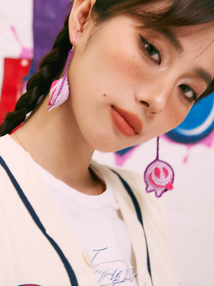 LB Hand Crochet "Funny Smiling Face" Earrings Long Ear Clip LOJL100