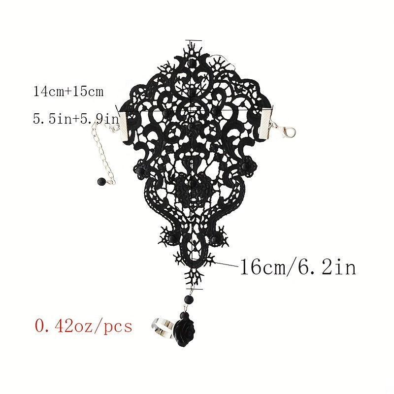 1pc Women Goth Rose Beads Flower Lace Hollow Out Glove Adjustable Ring Long Bracelet