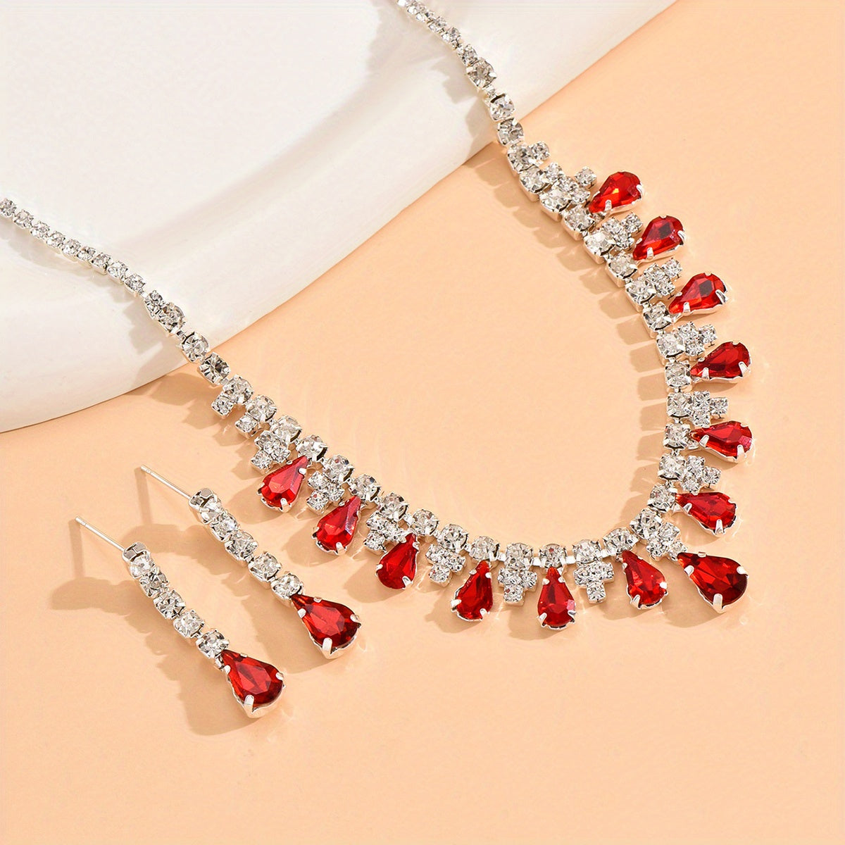 3 colors Elegant Rhinestone Wedding Jewelry Set - Silver Plated Necklace and Earrings with Royal Blue, Red, and White Stones