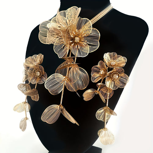 3pcs Earrings Plus Necklace Handmade Flower Decor Inlaid Rhinestone Vintage Jewelry Set Perfect Decor For Night Club Party Accessories