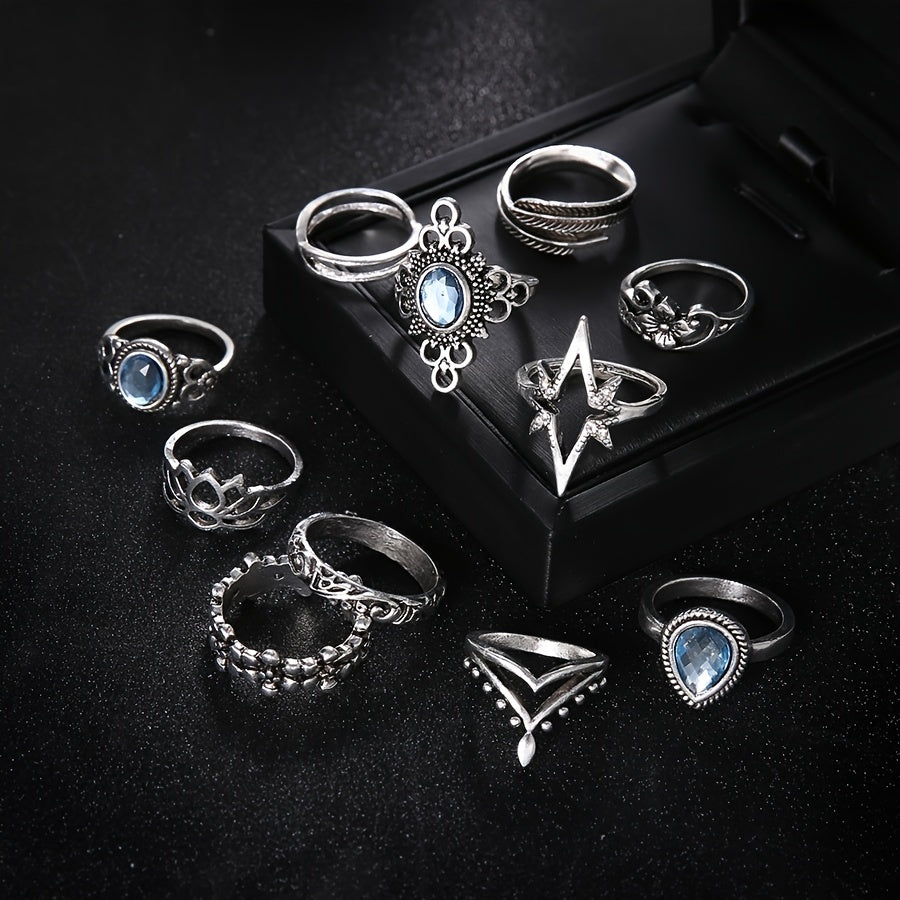 Complete Your Boho Look with our Vintage Carved Starry Gemstone 11pcs Combo Set Rings for Women and Girls - Available in Different Sizes!