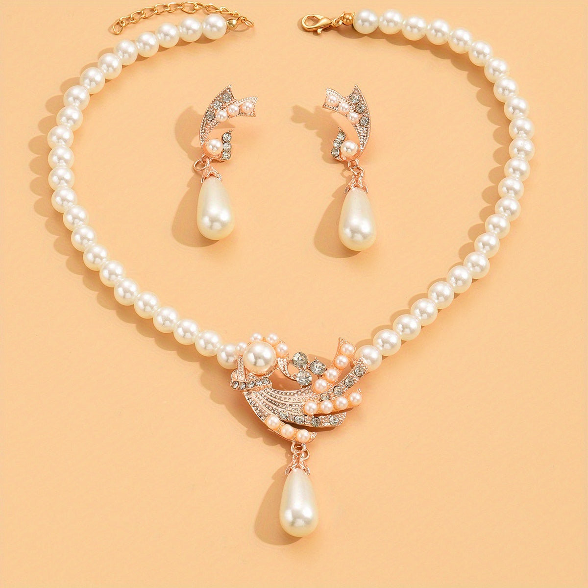 Elegant 18K Gold Plated Faux Pearl Teardrop Pendant Necklace and Dangle Earrings Set - Perfect for Birthdays, Parties, and Anniversaries