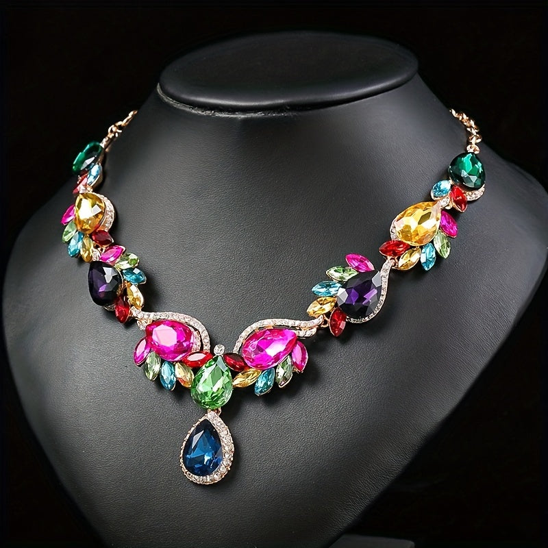 3pcs Earrings Plus Necklace Luxury Jewelry Set Inlaid Colorful Rhinestone Flower Design Stunning Party Accessories Wedding Jewelry