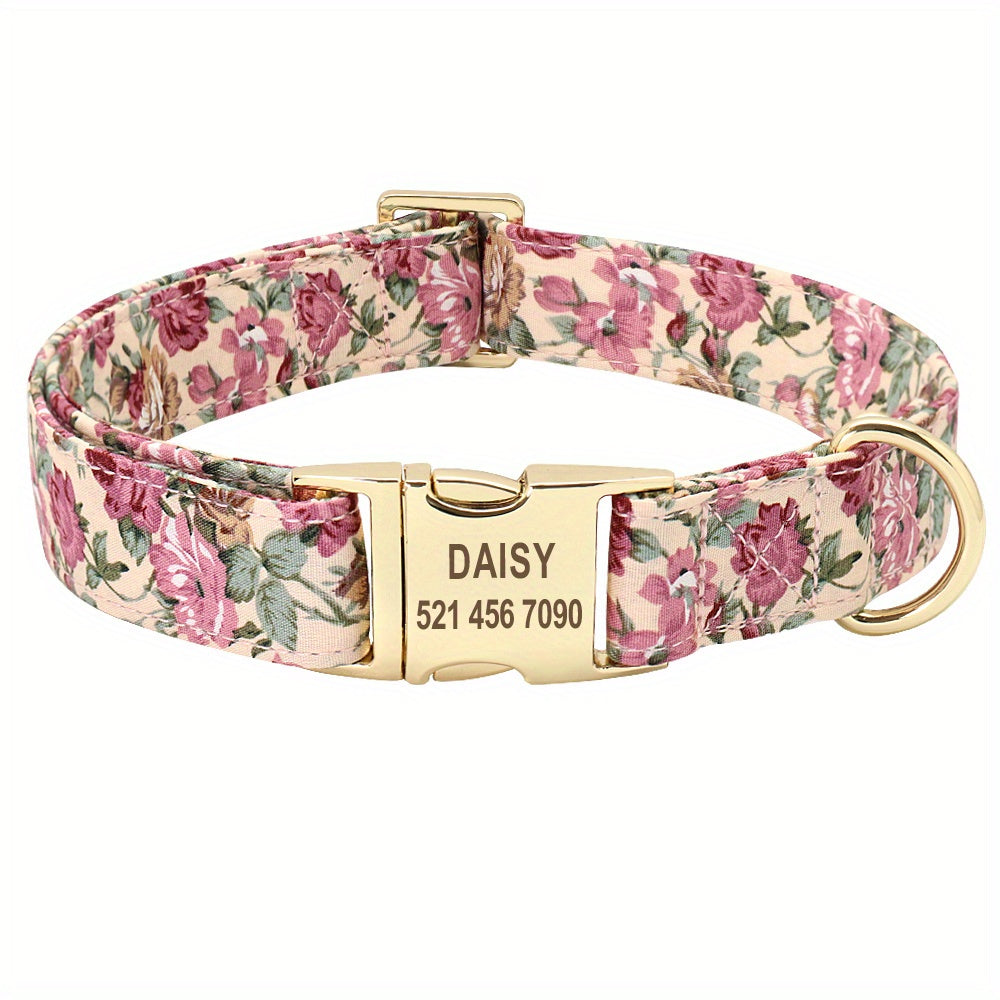 Customized Flower Printing Dog Collar, Adjustable Personalized Golden Metal Buckle Soft Padded Nylon Dog Collar For Medium And Large Dogs