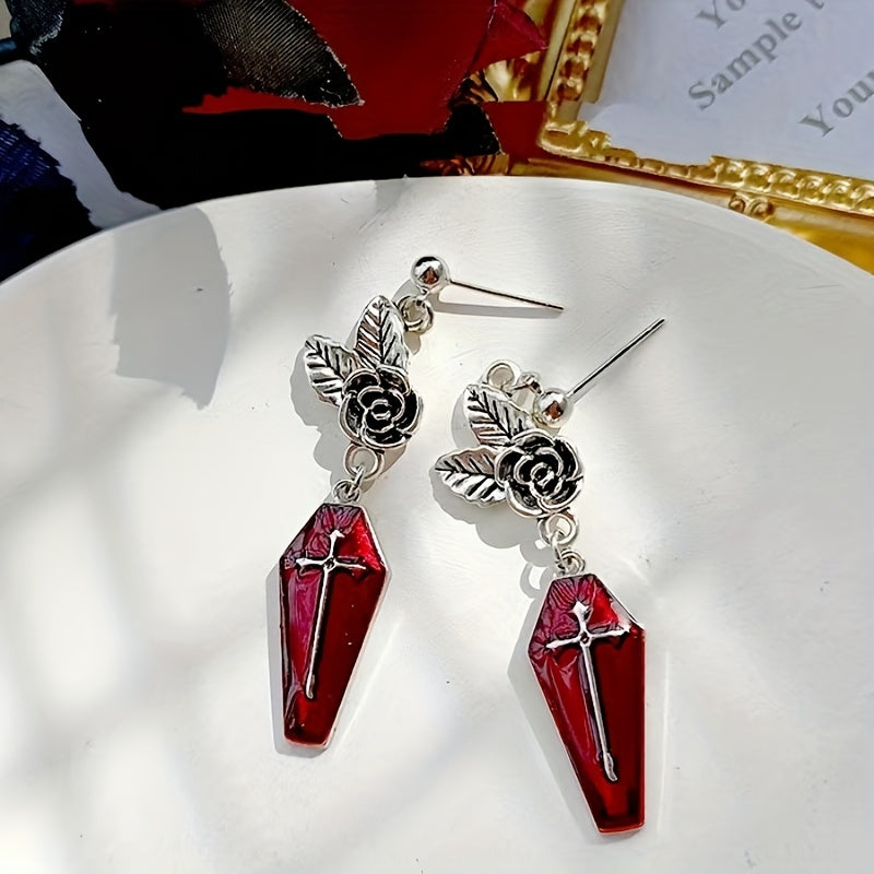 Gothic Rose Death Cross Pendant Ear Studs - Perfect for Halloween Cosplay, Harajuku Hip-hop Street Vintage Aesthetic Jewelry