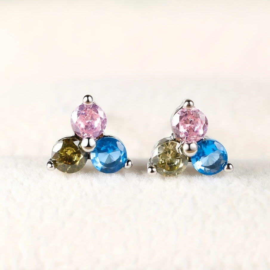 3 Colorful Shiny Zircon Decor Stud Earrings Bohemian Cute Style Copper Jewelry Daily Wear Accessories Female Gift