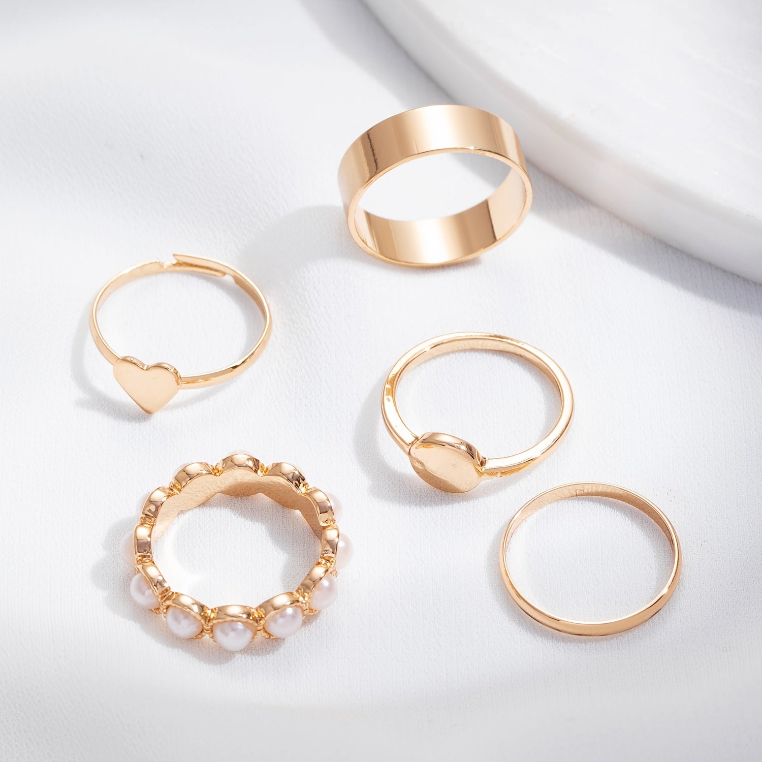 Complete Your Look with Our 5-Piece Gold Plated Heart Ring Set - Perfect for Stacking and Elevating Your Fashion Game!