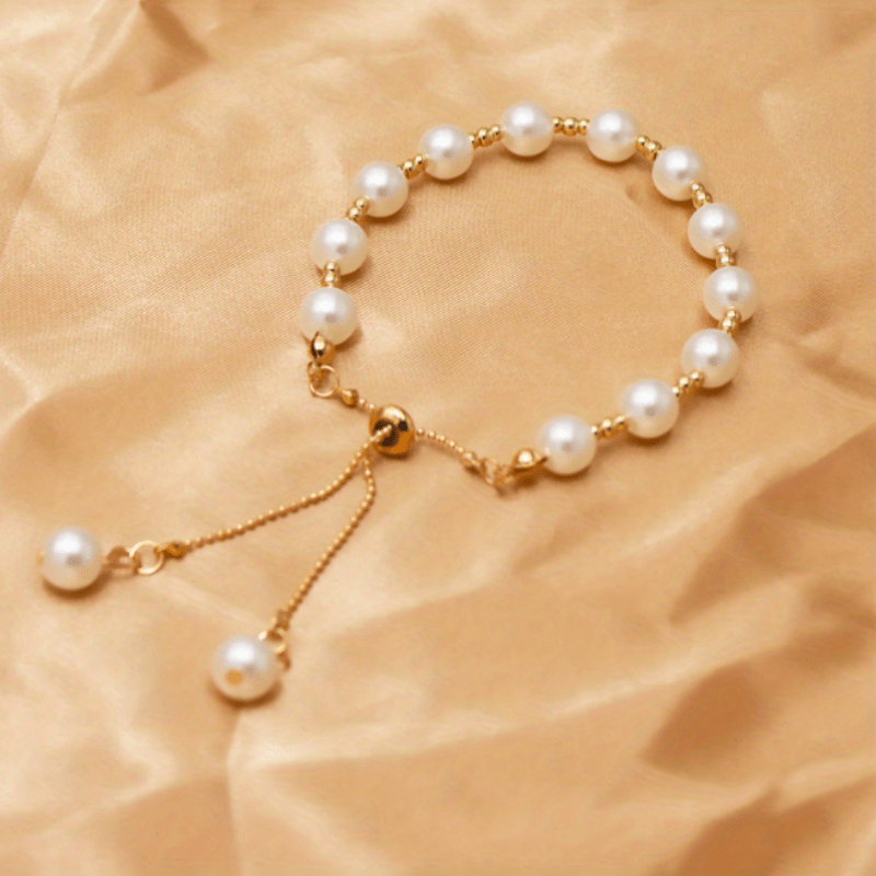 Faux Pearls Beaded Bracelet Adjustable Hand Jewelry For Women & Girls 1 Pc