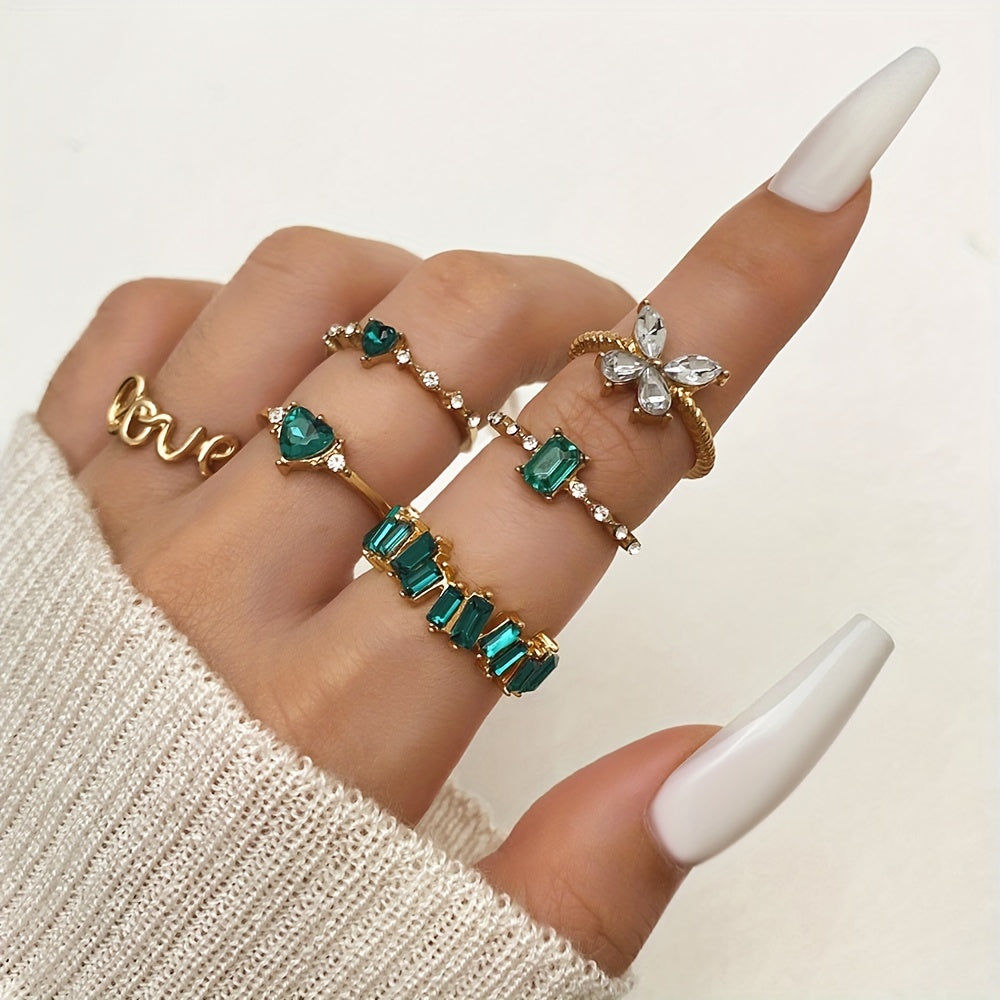 Vintage Style Stackable Finger Ring Inlaid Shiny Green Rhinestone Elegant Jewelry Gifts