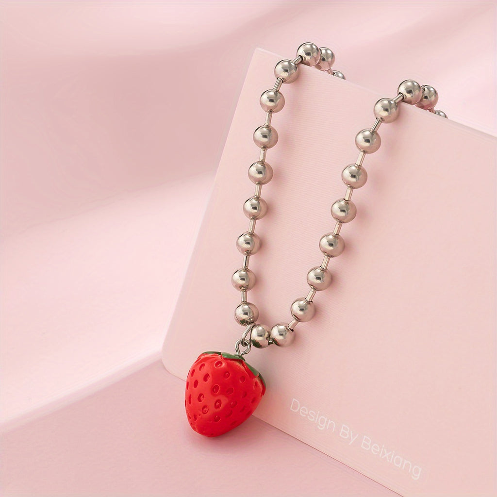 Cute Three-dimensional Strawberry Pendant Beaded Necklace Holiday Summer Party Jewelry Gift For Girls
