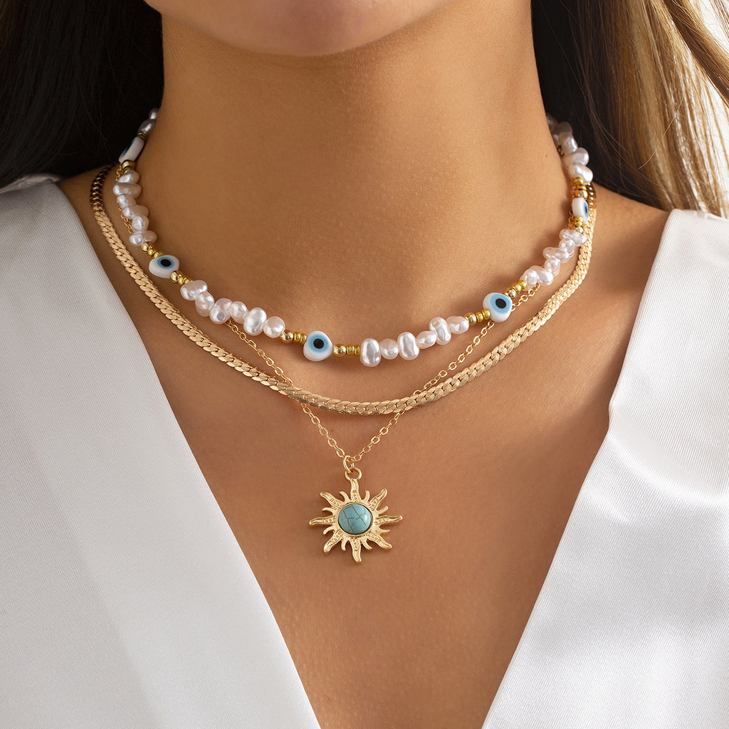 Gorgeous Vintage Baroque Pearl Sun Pendant Set - 3-Piece Necklace for Women