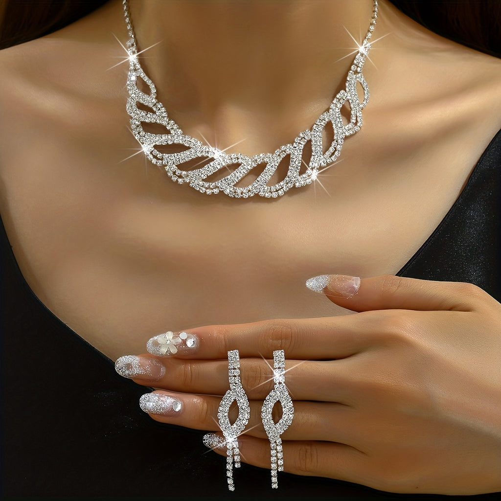 3pcs Earrings Plus Necklace Elegant Jewelry Set Silver Plated Inlaid Rhinestone Dainty Evening Party Cocktail Party Decor