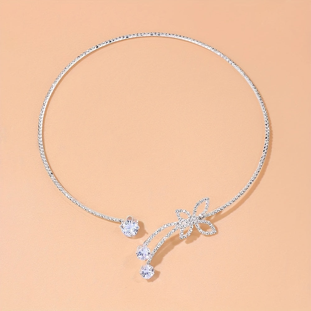 Delicate Glitter Adjustable Silver Artificial Diamonds Crystal Round Choker Butterfly Shaped Chain Necklace