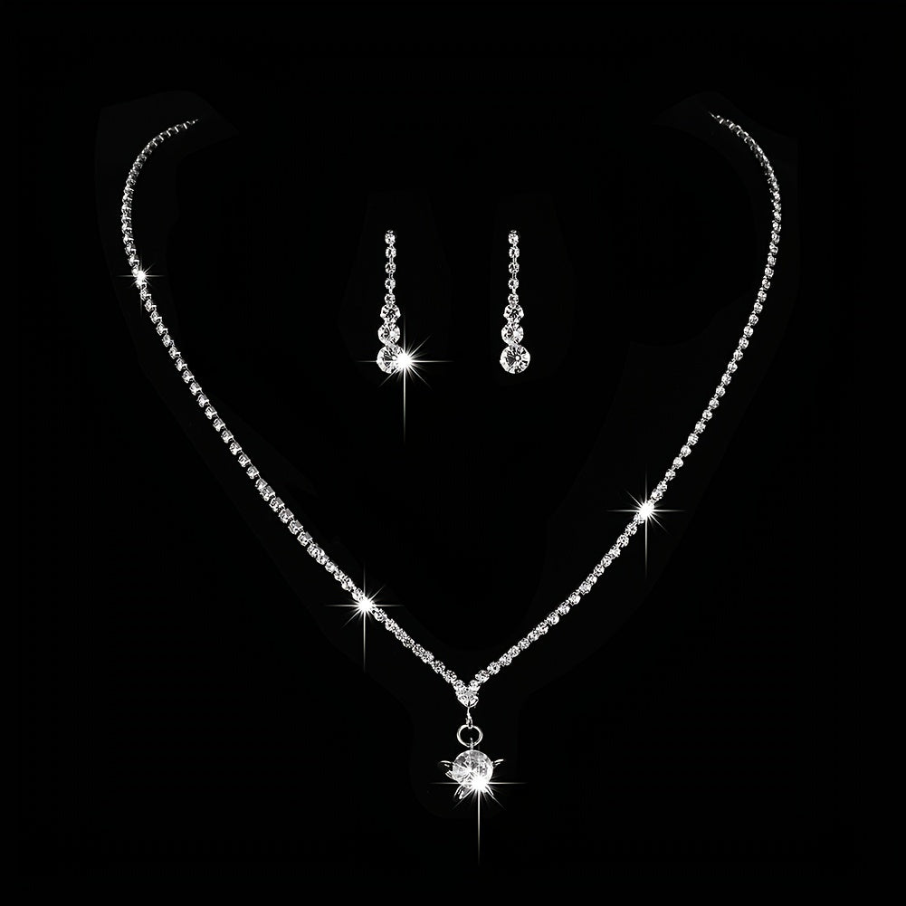 Sparkling Minimalist Jewelry Set for Women and Girls - Round Cut Pendant Necklace and Dangle Earrings