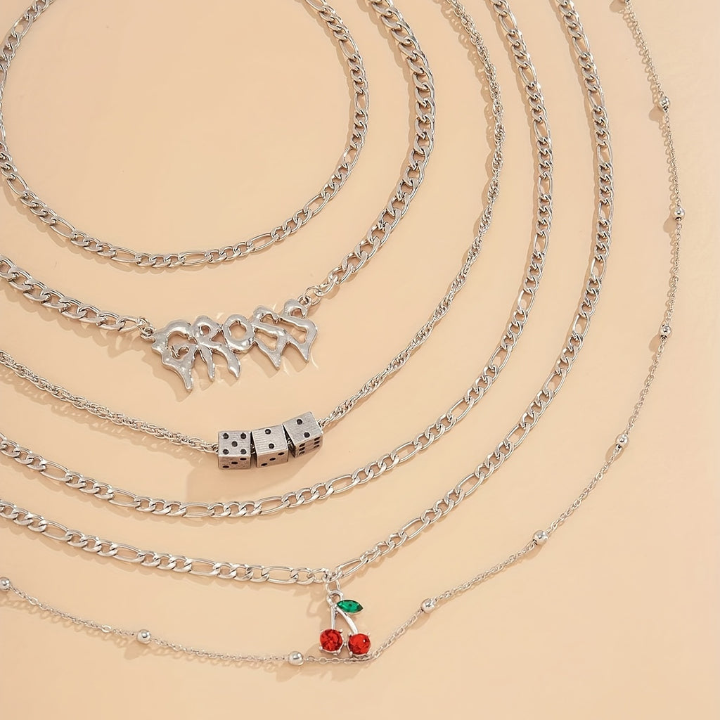 6pcs/Set Personality Retro Cherry Dice Letter Copper Beads Chain Multi-piece Necklace For Women Girls Gift