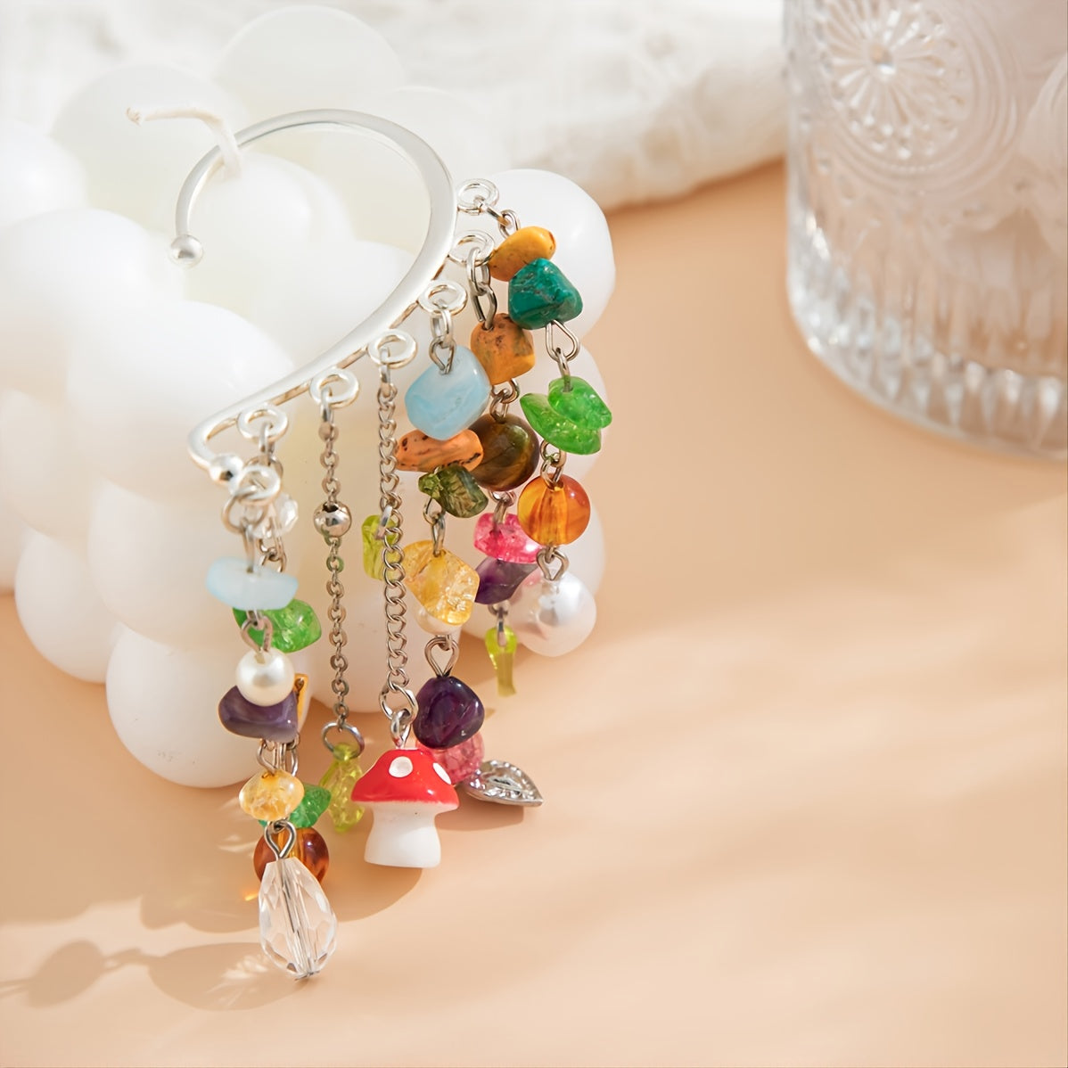 1 Piece Creative Fashion Irregular Turquoise Crystal Mushroom Love Pearl Tassel Earrings Earrings