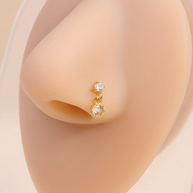 Simple Round Shape Pendant Nose Nail Inlaid Shiny Zircon L-Shaped Ear Cartilage Piercing Body Jewelry Nose Ring