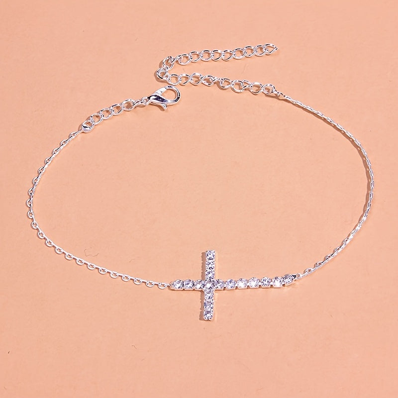 Shiny Cross Chain Anklet Inlaid Shiny Rhinestones Creative Simple Dainty Ankle Bracelet For Women