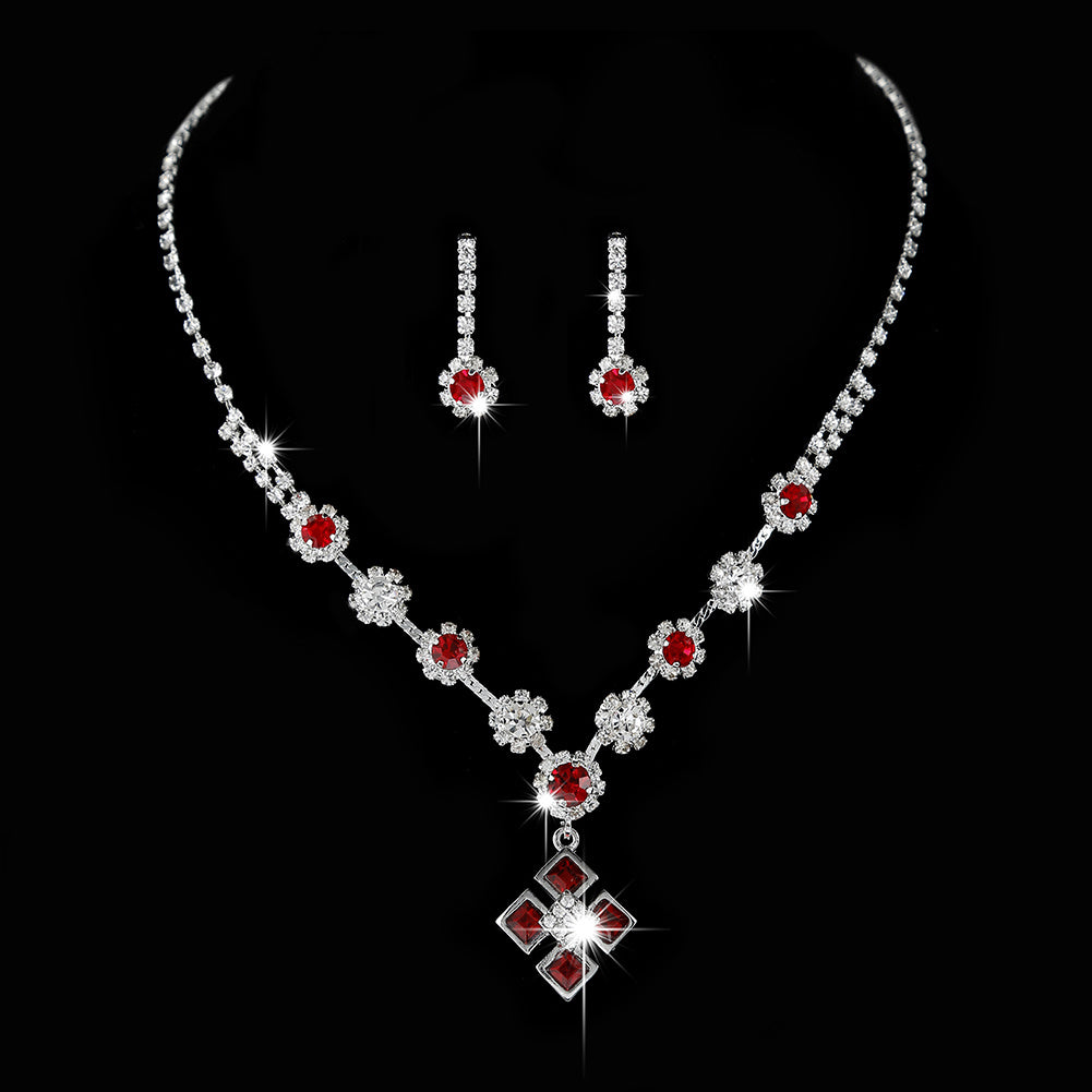 Elegant Red Zircon Jewelry Set with Sparkling Rhinestone Pendant Necklace and Dangle Earrings for Women and Girls