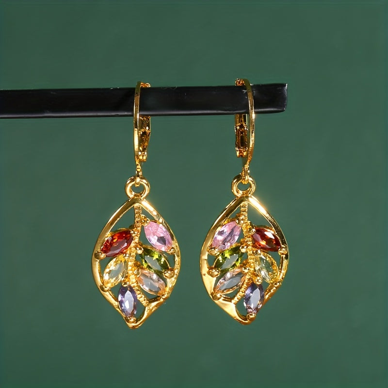 Add a Touch of Elegance to Your Office Look with These Multicolor Mystic Cubic Zirconia Leaf Dangle Earrings in 14K Gold Plating - Lightweight and Stylish Gift for Her