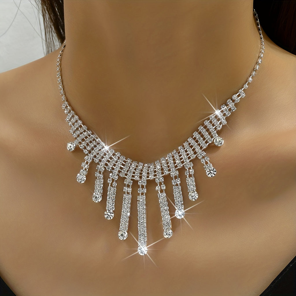 3pcs Earrings Plus Necklace Elegant Jewelry Set Silver Plated Inlaid Rhinestone Long Tassel Design Dainty Evening Party Decor