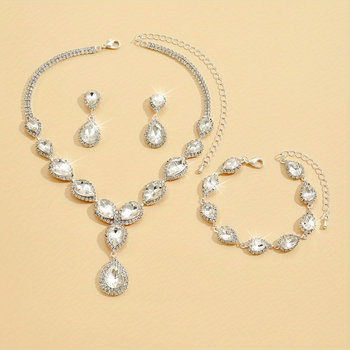4pcs Earrings Necklace Plus Bracelet Elegant Jewelry Set Silver Plated Inlaid Rhinestone Engagement Wedding Jewelry For Female Evening Party Decor