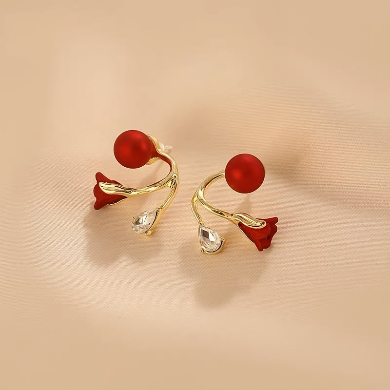 Celebrate New Year Festive with Style: Red Faux Pearl Tulip Flower Earrings for Women and Girls