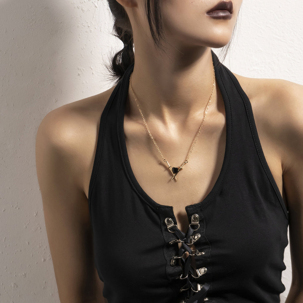 Girls Gothic School Personality Dagger Heart Necklace