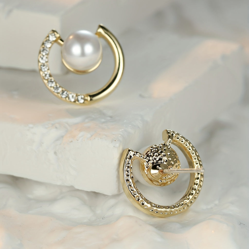 Faux Pearl Shiny Zircon Decor Golden Stud Earrings Retro Elegant Style Copper 18K Gold Plated Jewelry Daily Casual