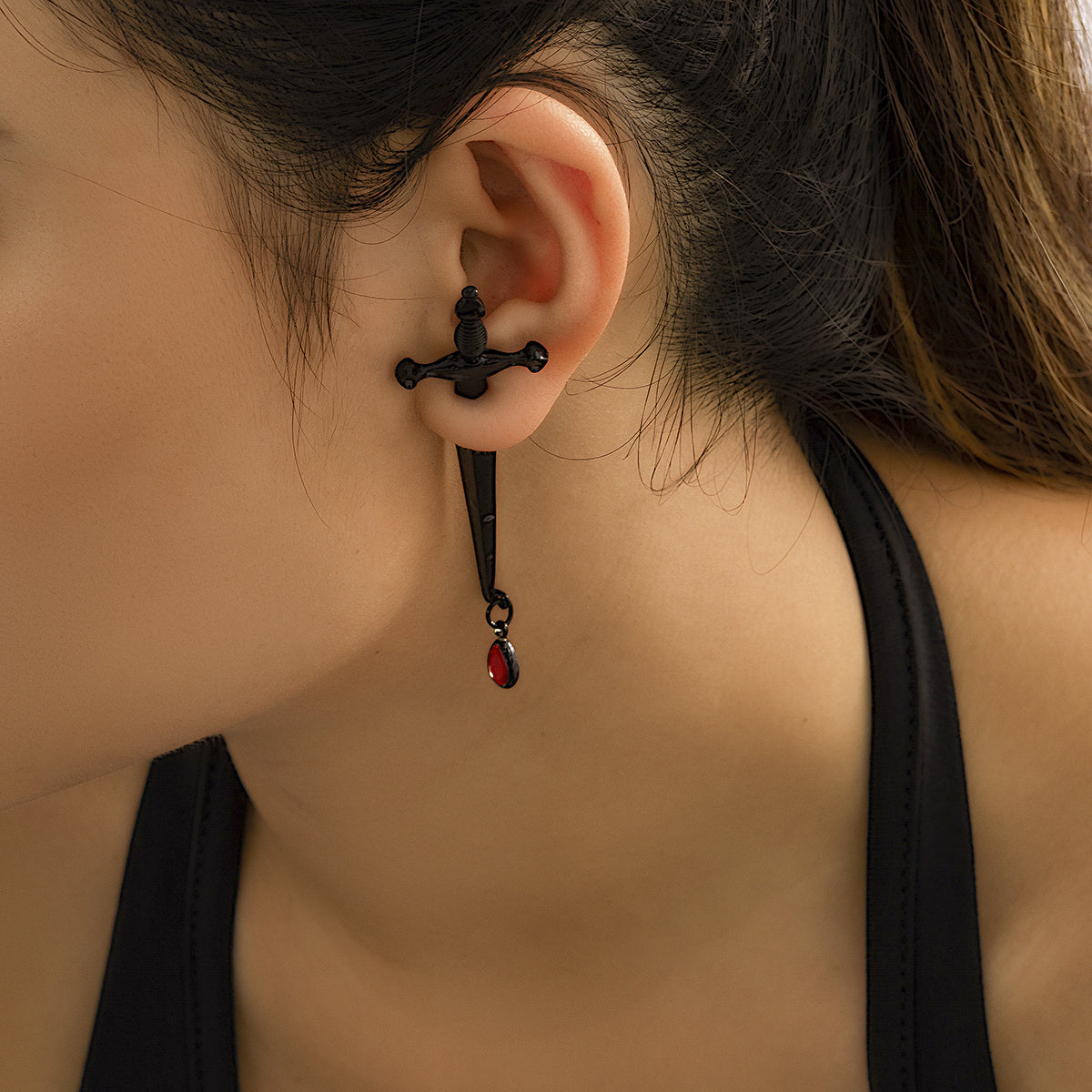Gorgeous Long Sword Earring with a Dramatic Blood Drop Accent - 1pc
